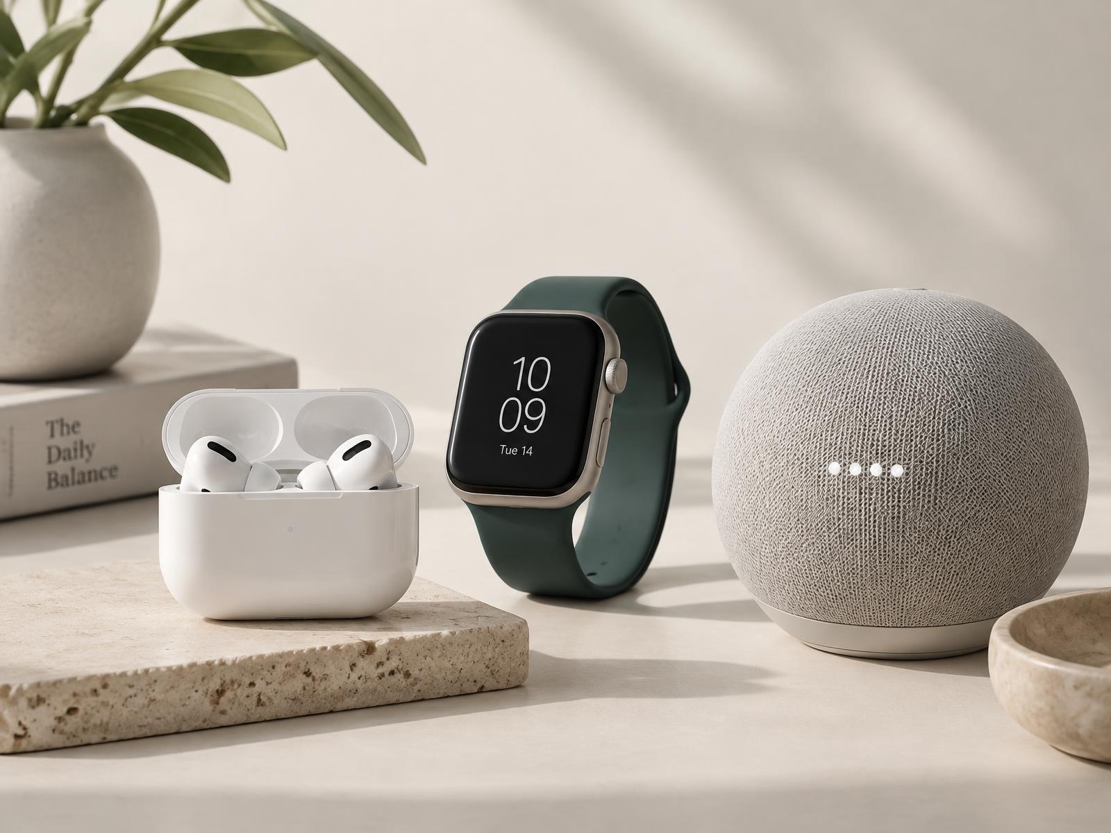 Smart gadgets including earbuds, a smartwatch and a smart speaker